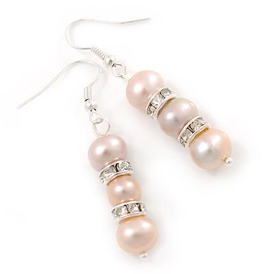 8mm Bridal/ Prom Delicate Pale Pink Freshwater Pearl With Crystal Ring Drop Earrings In Silver Tone - 45mm L - main view