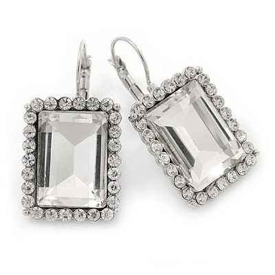 Clear CZ Square Drop Earrings With Leverback Closure In Rhodium Plating - 35mm L - main view