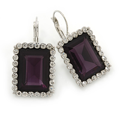 35mm L Clear CZ Square Drop Earrings With Leverback Closure In Rhodium Plating