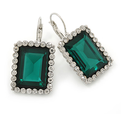 Emerald Green/ Clear CZ Square Drop Earrings With Leverback Closure In Rhodium Plating - 35mm L - main view