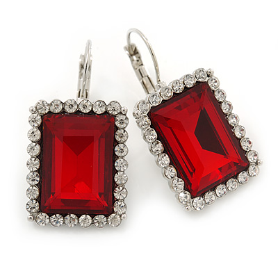 Ruby Red/ Clear CZ Square Drop Earrings With Leverback Closure In Rhodium Plating - 35mm L - main view