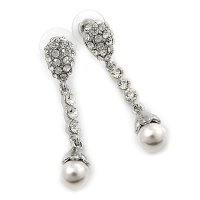 Bridal/ Wedding/ Prom Silver Tone Clear Crystal, 9mm Simulated Pearl Flower Linear Earrings - 50mm L - main view