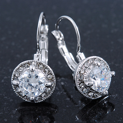 Classic Clear CZ Round Drop Earrings With Leverback Closure In Rhodium Plating - 23mm L - main view