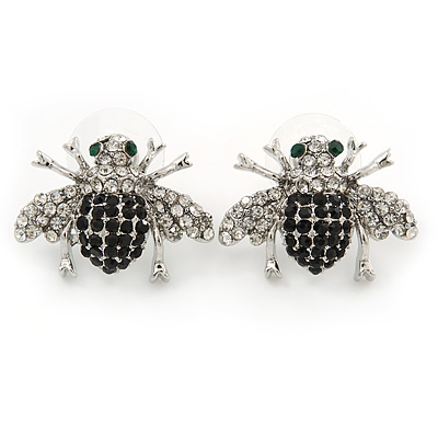 Quirky Black/ Clear Austrian Crystal 'Fly' Stud Earrings In Rhodium Plating - 23mm W - main view