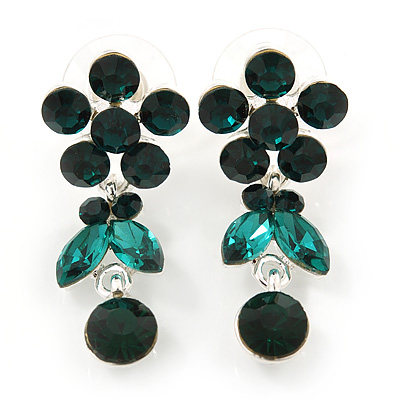 Delicate Emerald Green Crystal Flower & Butterfly Drop Earrings In Rhodium Plating - 35mm L - main view