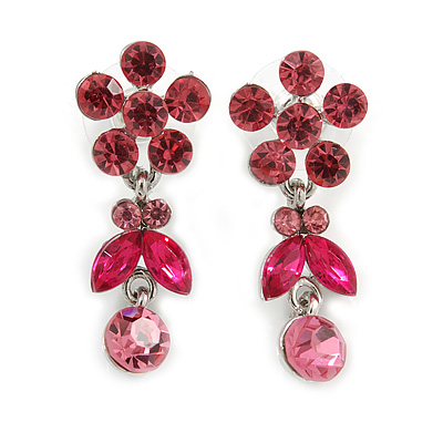 Delicate Pink Crystal Flower & Butterfly Drop Earrings In Rhodium Plating - 35mm L