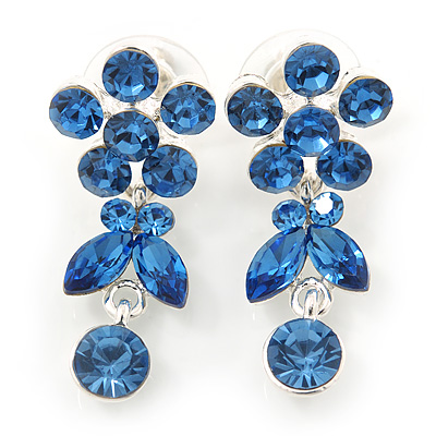 Delicate Sky Blue Crystal Flower & Butterfly Drop Earrings In Rhodium Plating - 35mm L - main view