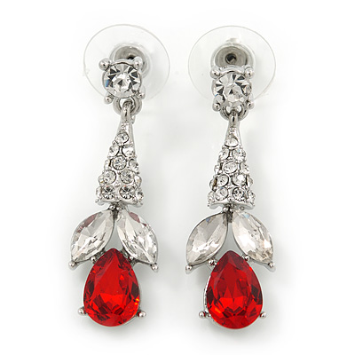 Clear/ Red CZ, Crystal Drop Sensation Earrings In Rhodium Plating - 37mm L - main view