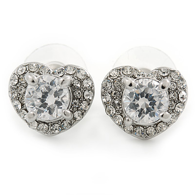 Clear CZ Crystal Heart Stud Earrings In Rhodium Plating - 15mm W - main view