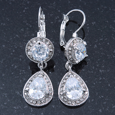 Bridal/ Wedding/ Prom Clear CZ Drop Earrings With Leverback Closure In Rhodium Plating - 45mm L - main view
