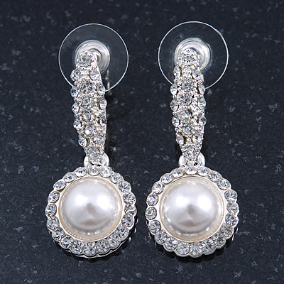 Bridal/ Wedding/ Prom Silver Tone Clear Crystal, Simulated Pearl Flower Linear Earrings - 35mm L - main view