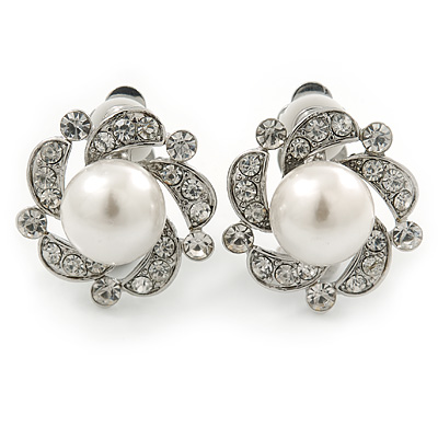 Classic Diamante Simulated Pearl Clip On Earrings In Silver Plating - 20mm Diameter - main view