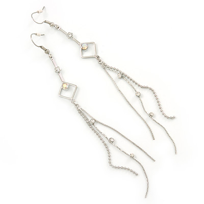 Long Crystal, Chain Dangle Earrings In Silver Tone - 13cm L - main view