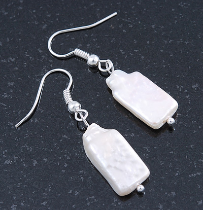Delicate Square Shape Mother Of Pearl Drop Earrings In Silver Tone - 35mm L - main view