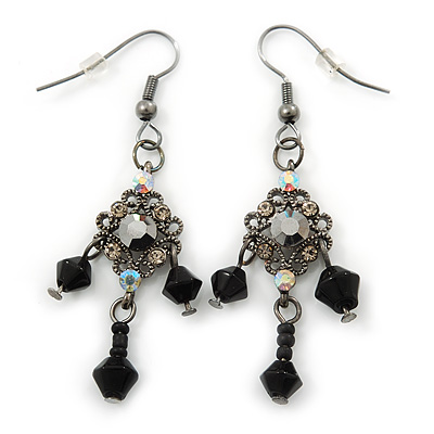 Victorian Style Black, Hematite Bead Drop Earrings In Black Tone - 50mm L - main view