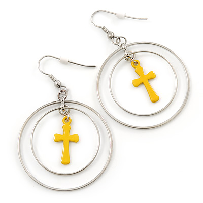Double Hoop With Yellow Cross Earrings In Silver Tone - 58mm L - main view