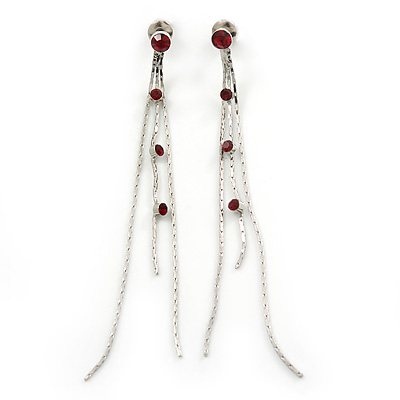Silver Tone Red Crystal Tassel Drop Earrings - 75mm L - main view