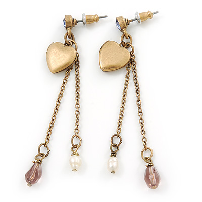 Vintage Inspired Heart Locket Chain Drop Earrings In Antique Gold Tone - 60mm L - main view