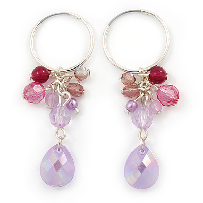 Pink/ Lavender Acrylic Bead Small Hoop Earrings In Silver Tone - 50mm L - main view