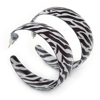 Black/ White Enamel Zebra Print Hoop Earrings In Silver Tone - 40mm - main view