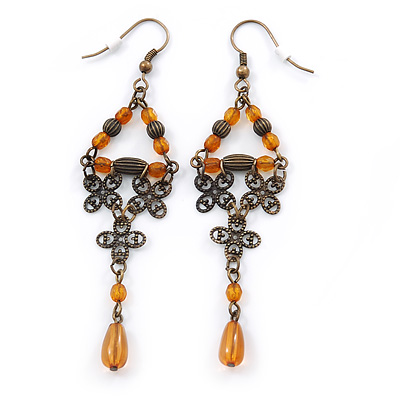 Victorian Style Light Brown Acrylic Bead, Filigree Drop Earrings In Bronze Tone - 85mm L - main view