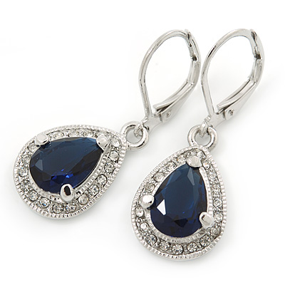 Montana Blue/ Clear CZ Drop Earrings With Leverback Closure In Rhodium Plating - 33mm L