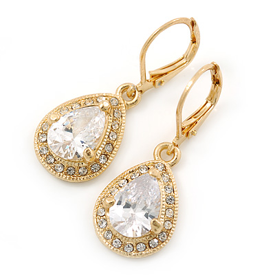 Clear CZ Drop Earrings With Leverback Closure In Gold Plating - 33mm L