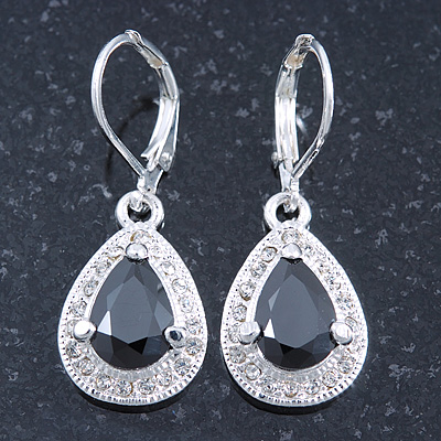 Black/ Clear CZ Drop Earrings With Leverback Closure In Rhodium Plating - 33mm L - main view