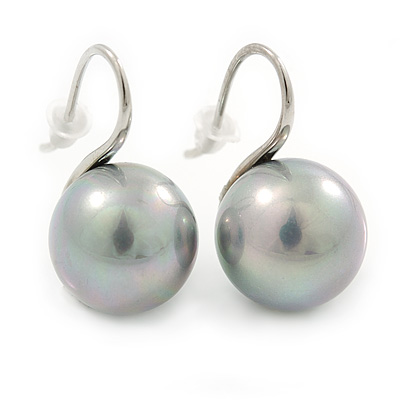 12mm Bridal/ Wedding Lustrous Grey Round Pearl Style Earrings In Silver Tone - 24mm L - main view