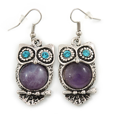 Vintage Inspired Amethyst Stone Owl Drop Earrings In Antique Silver Tone - 50mm L - main view