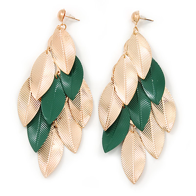 Long Gold/ Green Textured Leaf Chandelier Earrings In Gold Tone - 11cm L - main view