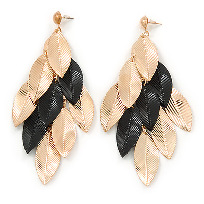 Long Gold/ Black Textured Leaf Chandelier Earrings In Gold Tone - 11cm L - main view
