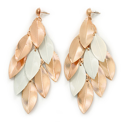 Long Gold/ White Textured Leaf Chandelier Earrings In Gold Tone - 11cm L