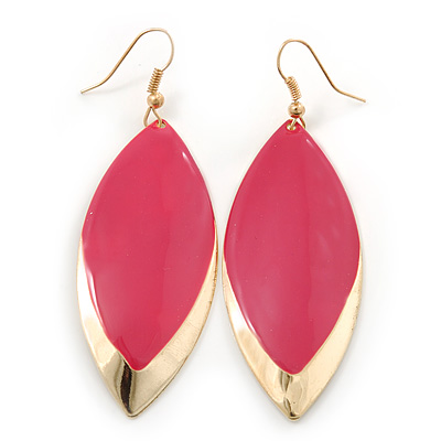 Pink Enamel Leaf Drop Earrings In Gold Tone - 70mm L - main view