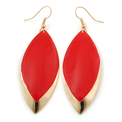 Red Enamel Leaf Drop Earrings In Gold Tone - 70mm L - main view