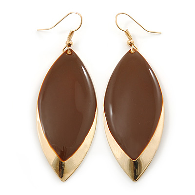 Brown Enamel Leaf Drop Earrings In Gold Tone - 70mm L