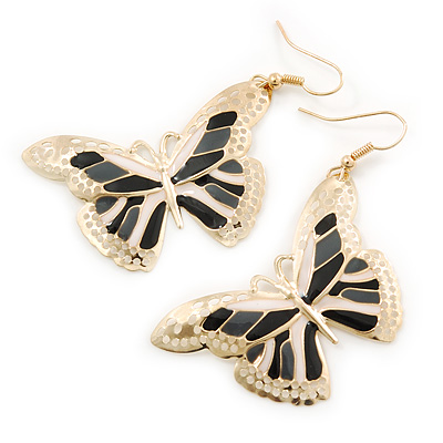 Lightweight Black/ Grey/ White Enamel Butterfly Drop Earrings In Gold Tone - 60mm L - main view
