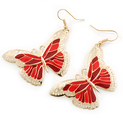 Lightweight Red Enamel Butterfly Drop Earrings In Gold Tone - 60mm L - main view