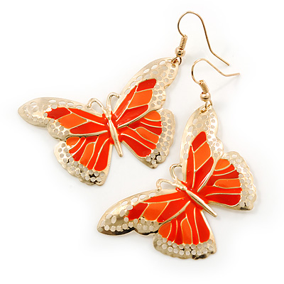Lightweight Orange Enamel Butterfly Drop Earrings In Gold Tone - 60mm L - main view
