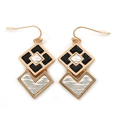 Black/ Silver Two Square Drop Earrings In Gold Tone - 40mm L - main view