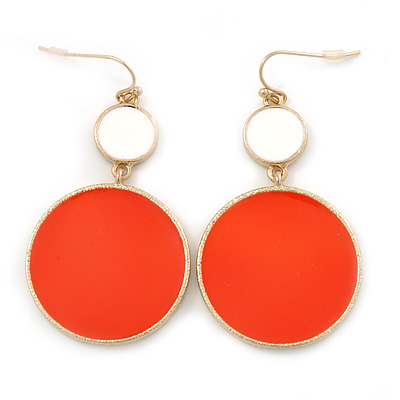 White/ Orange Enamel Double Disk Drop Earrings In Gold Tone - 55mm L - main view