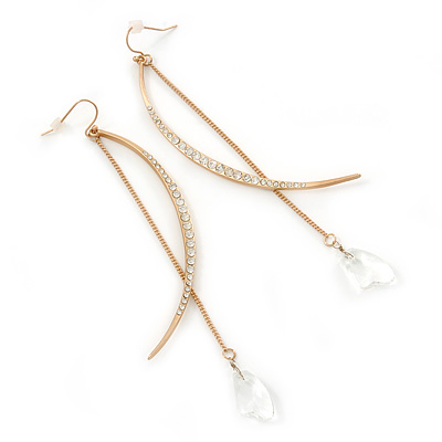 Gold Tone Crystal Crescent And Chain Long Drop Earrings - 13cm L - main view
