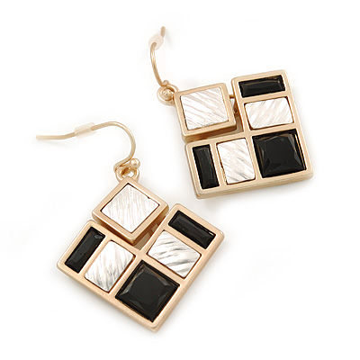 Black/ Silver Glass Bead Square Geometric Drop Earrings In Gold Tone - 40mm L - main view
