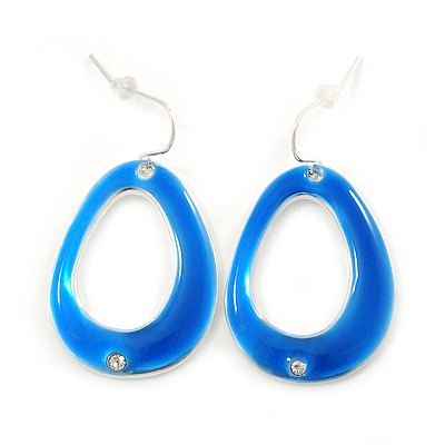 Blue Enamel Cut Out Oval Drop Earrings In Silver Tone - 40mm L - main view