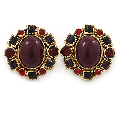 Vintage Inspired Plum/ Burgundy/ Red Crystal, Oval Clip On Earrings In Antique Gold Tone - 35mm L - main view