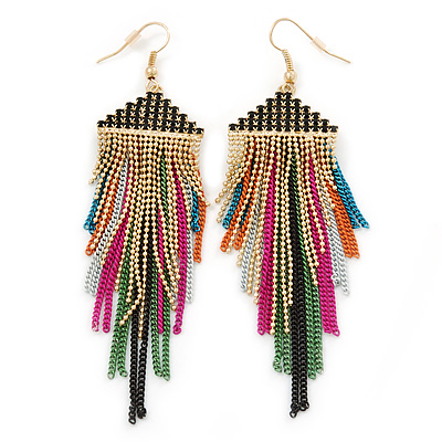 Long Black Crystal Multicoloured Chain Dangle Earrings In Gold Tone - 10cm L - main view