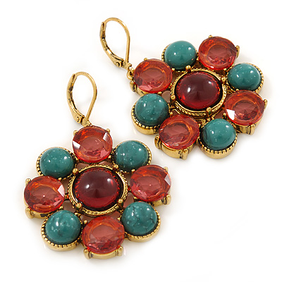 Turquoise, Pink Glass Stone Floral Drop Earrings With Leverback Closure In Gold Tone - 50mm L - main view