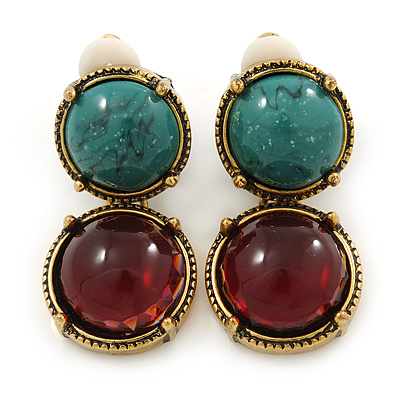 Vintage Inspired Teal/ Burgundy Double Button Drop Clip On Earrings In Antique Gold Tone - 35mm L - main view