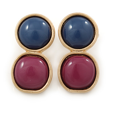 Purple/ Cobalt Blue Acrylic Double Button Stud Earrings In Gold Tone - 30mm L - main view