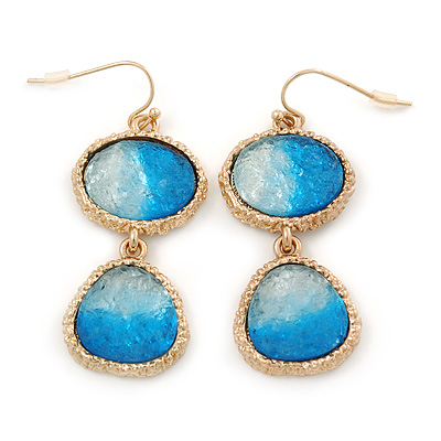 Blue Textured Glass Stone Double Oval Drop Earrings In Gold Tone - 50mm L - main view